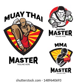 A high-intensity collection of vector mascot logos featuring various martial arts disciplines. The set includes a powerful Muay Thai striker, a skilled Jujitsu master in a gi, and an aggressive MMA fighter in a dynamic pose. Each character is framed within a sharp shield and energetic sunburst background, perfect for fight clubs, martial arts academies, fitness gyms, esports teams, and combat sports apparel.