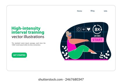 High-intensity interval training in VR. Engage in pulse-racing workouts with virtual guidance. Optimize fitness with structured intense routines. Push limits in a digital training space. Flat vector.