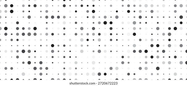 A high-key abstract background featuring a scattered arrangement of small geometric shapes, primarily circles and hexagons, in various shades of gray against a white backdrop, suggesting data points o