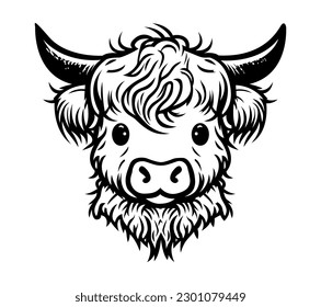 Highland baby cow head. Farm Animal. Vector illustration.