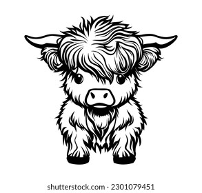 Highland baby cow head. Farm Animal. Vector illustration.