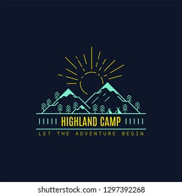 Highland camp badge design. Line art illustration. Trekking, camping emblem.