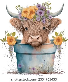 Highland cartoon Cow-calf wearing a crown of flowers and flowing with flowers in a pot