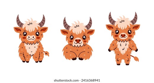 Highland Cattle Cow Character Collection. Set of adorable horned baby animal vector illustrations. Various poses. Happy and cute modern cartoon mascot for farm, organic, milk, dairy product design