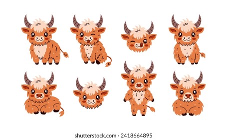 Highland cattle cow character set. Collection of vector illustrations. Adorable farm baby animal various poses collection. Happy mascot for milk and dairy products, kids, zoo