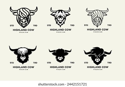 highland cattle cow illustration hand drawn symbol icon logo design template