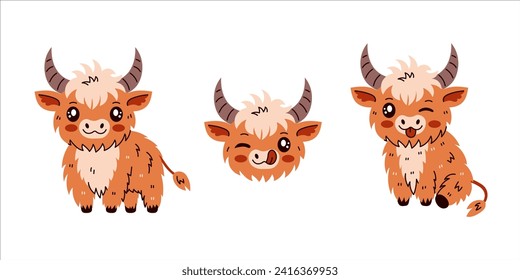 Highland Cattle Cow set. Collection of vector illustrations. Happy baby animal character with shaggy fur and horns. Funny cute mascot for farm, organic, milk, dairy product design