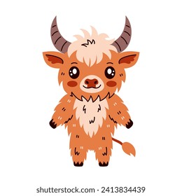 Highland Cattle Cow stands on two legs. Exotic baby animal. Scottish breed character design. Modern vector illustration in cartoon and flat style.