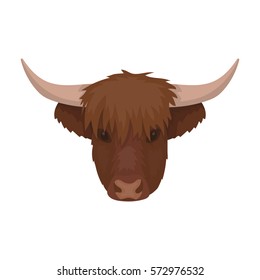 Highland cattle head icon in cartoon style isolated on white background. Scotland country symbol stock vector illustration.