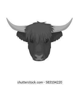 Highland cattle head icon in monochrome style isolated on white background. Scotland country symbol stock vector illustration.