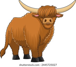 Highland Cow Animal Cartoon Character. Vector Hand Drawn Illustration Isolated On Transparent Background