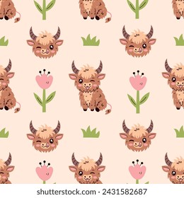 Highland cow character seamless pattern. Cute cattle on pasture. Pastel colored background with happy livestock animal flowers and grass. Repeat vector illustration for kids baby, dairy products milk