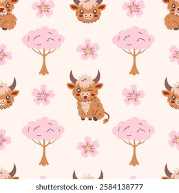 Highland Cow and Cherry Blossom Seamless Pattern. Cute pastel colored spring background with rural horned cattle and pink sakura flowers and trees. Kawaii springtime vector illustration