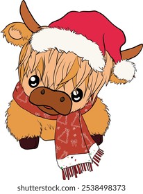 Highland cow in Christmas hat . Art and Illustration