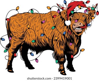 Highland cow with christmas light, Christmas cow wear santa hat, Cow santa hand drawn.