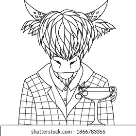 Highland cow with cocktail glass, design for coloring book, coloring page or print on things. Vector illustration.