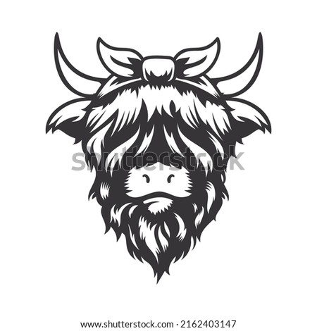 Highland cow cute bow head design with ribbon hairband. Farm Animal. Cows logos or icons. vector illustration.