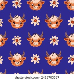 Highland cow and daisy seamless pattern.Modern vibrant colored childish background with shaggy highland cattle head and chamomile flowers. Cute adorable baby animal. Repeat vector illustration for kid