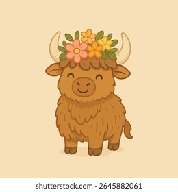 Highland Cow in Floral Crown, A charming illustration of a Highland cow, adorned with a delightful floral crown, embodying joy and whimsy against a neutral background.