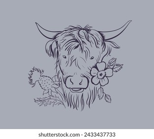 highland cow with flower vector art,  mountain cow line drawing vector, american wild cow artwork, funny cow graphic print design