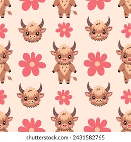 Highland Cow happy character seamless pattern with flowers. Cute livestock background. Repeat vector illustration with cattle. Wildlife animal for kids, baby, dairy product, decoration