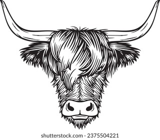 Highland Cow Head Black and White. Scottish Cattle. Vector Illustration.