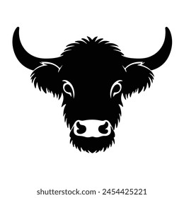 Highland cow head icon, black silhouette of highland cow design