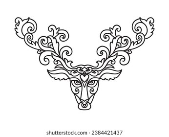 Highland Cow Head with an ornamental horn, illustration vector