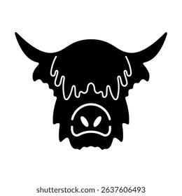 Highland Cow Head Silhouette Vector. A highland cows head, instantly recognizable by its shaggy fringe, broad nose and long, upward curved horns.