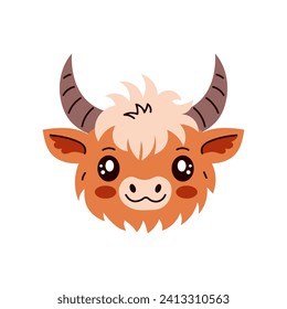 Highland cow head vector illustration. Cute cartoon Scottish cattle breed happy face with horns. Shaggy rustic animal portrait in flat style for print, farm, card, logo