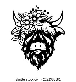 Highland cow Lady head design on white background. Farm Animal. Cows logos or icons. vector illustration.