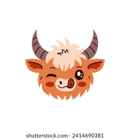 Highland cow licking. Funny shaggy bull head. Cute horned animal face. Vector illustration of Scottish cattle portrait in cartoon style on white background