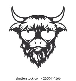 Highland cow in love head design with heart sungless. Farm Animal. Cows logos or icons. vector illustration.