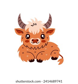 Highland cow lying down and resting. Cute livestock horned bull. Vector illustration for kids, farming, zoo. Cute shaggy calf modern art on white background.