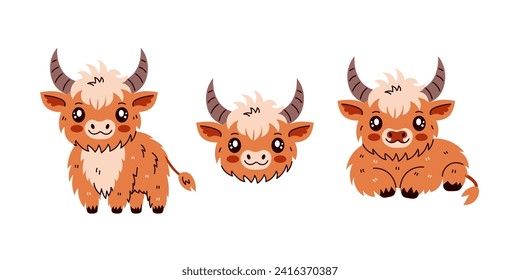 Hochland-Kuh-Maskottchen-Set. Schottische Viehzucht. Furry horted Baby-Charakter Design im Cartoon-Slat-Stil. Vektorgrafik für Zoo, Kinder, Landwirtschaft, organische Milch, Milchproduktdesign