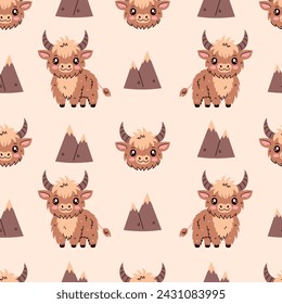 Highland cow and mountains seamless pattern. Cute hand drawn background with shaggy cattle character. Repeat vector illustration for dairy products, milk, wrapping paper