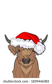 Highland Cow In A Red Santa Hat On White Background. Vector Illustration.