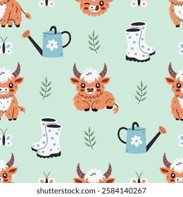 Highland Cow Spring Seamless Pattern. Springtime horned cattle background with watering can rubber boots butterfly and branches. Seasonal repeat vector illustration