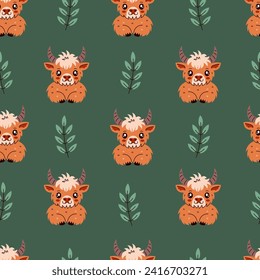 Highland cow and twig seamless pattern. Childish green endless background with shaggy Highland cattle and tree branch. Repeat vector illustration for kids, dairy products, milk, fabric