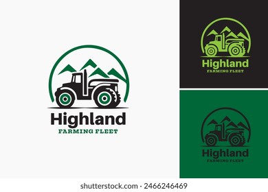 Highland Farming Fleet logo: A sturdy tractor plowing through highland fields, symbolizing strength and agricultural productivity. Ideal for farming companies or agricultural equipment manufacturers.