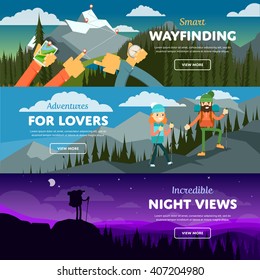 Highland hiking. Adventure in mountain for lover or friend hiker. Highland hiking tour for traveler. Smart wayfinding, incredible night view illustration. Advertising vector header banner set
