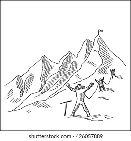 highland mountain landscape with mountaineers climbs a snowy ridge sketch vector illustration