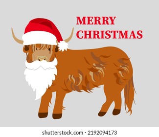Highland Cow Cattle, Merry Christmas New Year Card. Cute Head of Scottish Cattle Christmas Hat White Beard. Element for Logo, Poster, Card, Banner, Emblem, t shirt. Vector illustration.