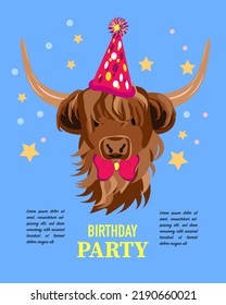 Cow Scottish Highland Cattle with A Party Hat And A Bow Tie. Birthday Party Card, Funny, Hand Drawn Style Print. Vector Illustration