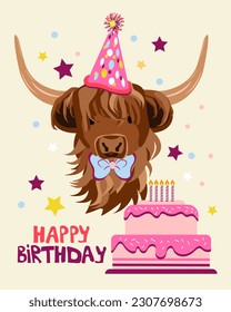 Cow Scottish Highland Cattle with a Party Hat and a Bow Tie and Birthday Cake. Birthday Party card, Funny, hand drawn style print. Vector illustration