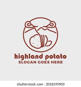 Highland potatoes are known to be of better quality, depicted with mountains and potatoes and clouds over the mountains