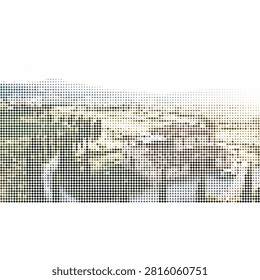 Highland scenery featuring livestock on grassy hills under distant peaks in pixelated geometric style illustration.