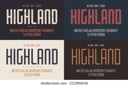 Highland vector condensed bold inline regular and light retro typeface, uppercase letters and numbers, alphabet, font, typography. Global swatches.