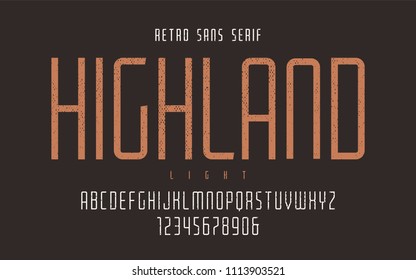 Highland vector condensed light retro typeface, uppercase letters and numbers, alphabet, font, typography. Global swatches.