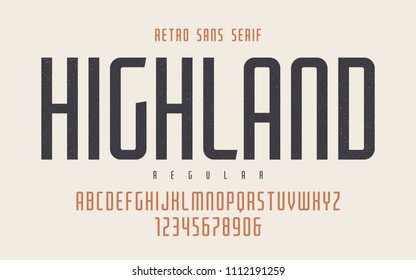 Highland vector condensado fonte retro regular, letras maiúsculas e números, alfabeto, fonte, tipografia. Amostras globais.